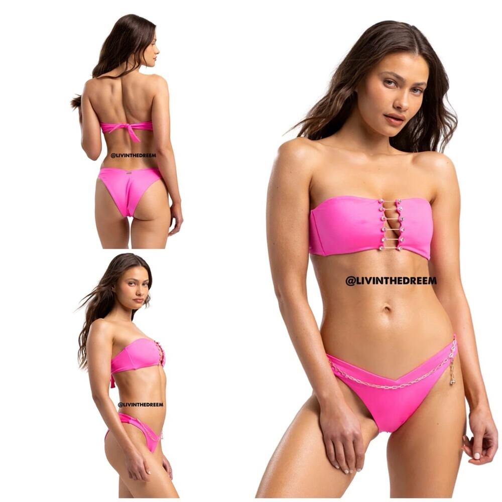 BEACH BUNNY Noelani Bandeau Top DD Serena Skimpy Bottom L  - Neon Pink $320
